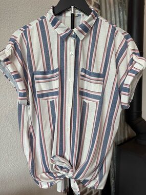 Eden & Olivia Striped Button-Front Tie Top White, Navy & Coral XL Short Sleeve